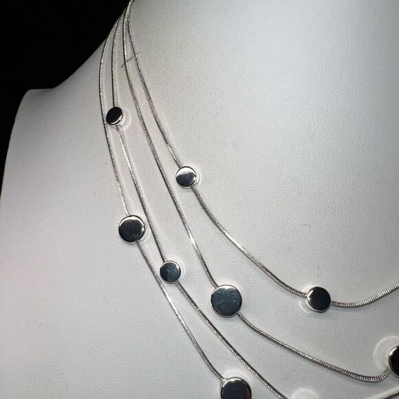 Multi Layer Silver‎ Tone Silver Disc Station Necklace - Picture 5 of 10
